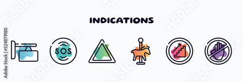 indications outline icons set. thin line icons such as store board, sos warning, any bleach, carousel horse, upstairs, no arms icon collection. can be used web and mobile.