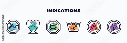 indications outline icons set. thin line icons such as mining work zone, fountain, cafe bar, 40 degree laundry, any solvent, shock icon collection. can be used web and mobile.