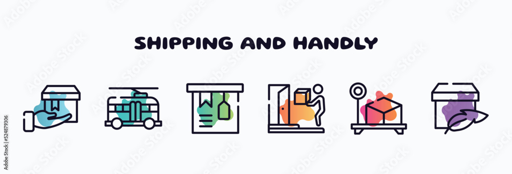shipping and handly outline icons set. thin line icons such as delivering, trolleybuses, tagged package, on door delivery, box weight, light weight icon collection. can be used web and mobile.
