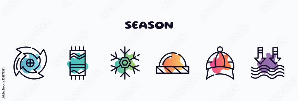 season outline icons set. thin line icons such as cyclone, beach towel, frost, beanie, baseball cap, tide icon collection. can be used web and mobile. - obrazy, fototapety, plakaty 