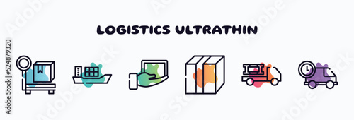 logistics ultrathin outline icons set. thin line icons such as parcel weight, cargo boat, lightweight, closed cardboard box with packing tape, materials logistics, logistics times icon collection.