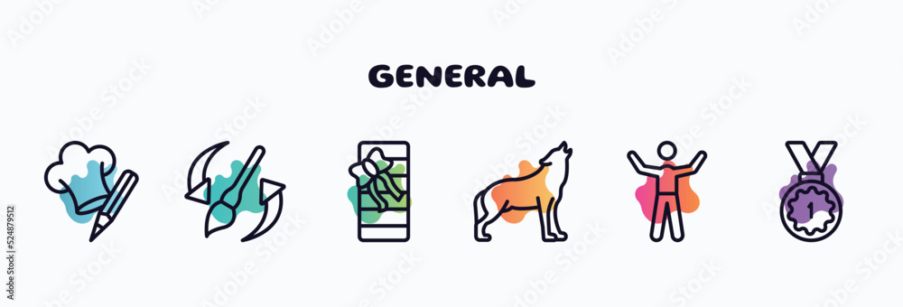 general outline icons set. thin line icons such as chef hat with a pencil, history brush, birthday present, wolf howling, man with open arms, number one medal icon collection. can be used web and general outline icons set. thin line icons such as chef hat with a pencil, history brush, birthday present, wolf howling, man with open arms, number one medal icon collection. can be used web and