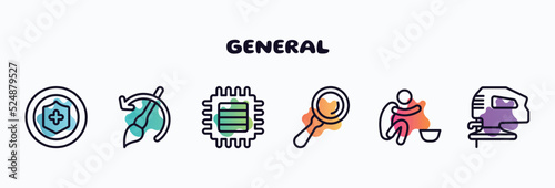 general outline icons set. thin line icons such as insurance with a button, brush history, patch crop, magnifiying glass, poor, fretsaw icon collection. can be used web and mobile.
