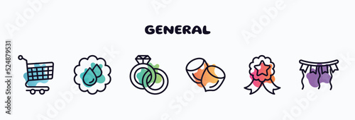 general outline icons set. thin line icons such as shopping trolley, save water badge, interlocking rings, nuts, winning, party decoration icon collection. can be used web and mobile.