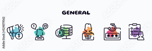 general outline icons set. thin line icons such as marketing budget, social media specialist, real time data, x-ray, password phishing, profile list icon collection. can be used web and mobile.