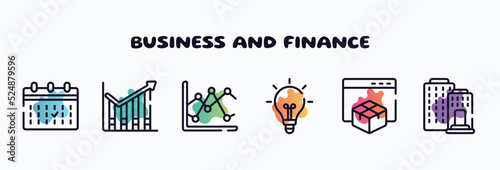 business and finance outline icons set. thin line icons such as calendar event, profit chart, two, lightbulb black tool shape, web package, federal bank icon collection. can be used web and mobile.