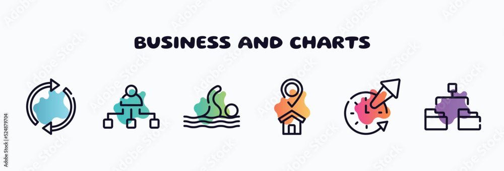 business and charts outline icons set. thin line icons such as arrow circle, org, swim, home address, time out, diagram folder icon collection. can be used web and mobile.