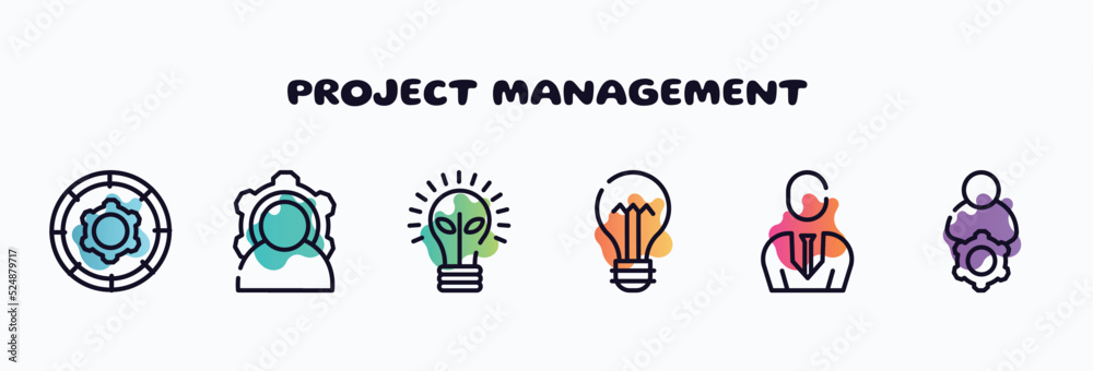 project management outline icons set. thin line icons such as function, power, ecological lightbulb, lightbulb with bolt, businessman with tie, administrator icon collection. can be used web and