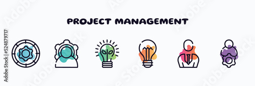 project management outline icons set. thin line icons such as function, power, ecological lightbulb, lightbulb with bolt, businessman with tie, administrator icon collection. can be used web and