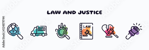 law and justice outline icons set. thin line icons such as investigation, prisoner transport vehicle, evidence, constitutional law, divorce, violence icon collection. can be used web and mobile.