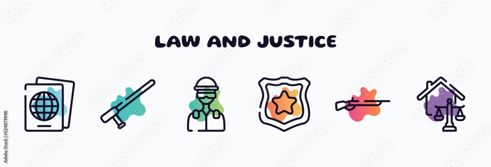 Fototapeta premium law and justice outline icons set. thin line icons such as immigration, baton, , police badge, shotgun, real estate law icon collection. can be used web and mobile.