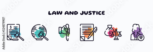 law and justice outline icons set. thin line icons such as tax law, international law, murder, wills and trusts, inheritance attorney icon collection. can be used web and mobile.