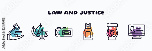 law and justice outline icons set. thin line icons such as qualified protection, environmental law, recorder, pepper spray, civil rights, criminal database icon collection. can be used web and