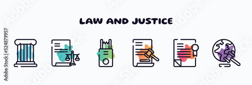 law and justice outline icons set. thin line icons such as roman law, corporative law, electroshock weapon, documents, policy, diploy icon collection. can be used web and mobile.