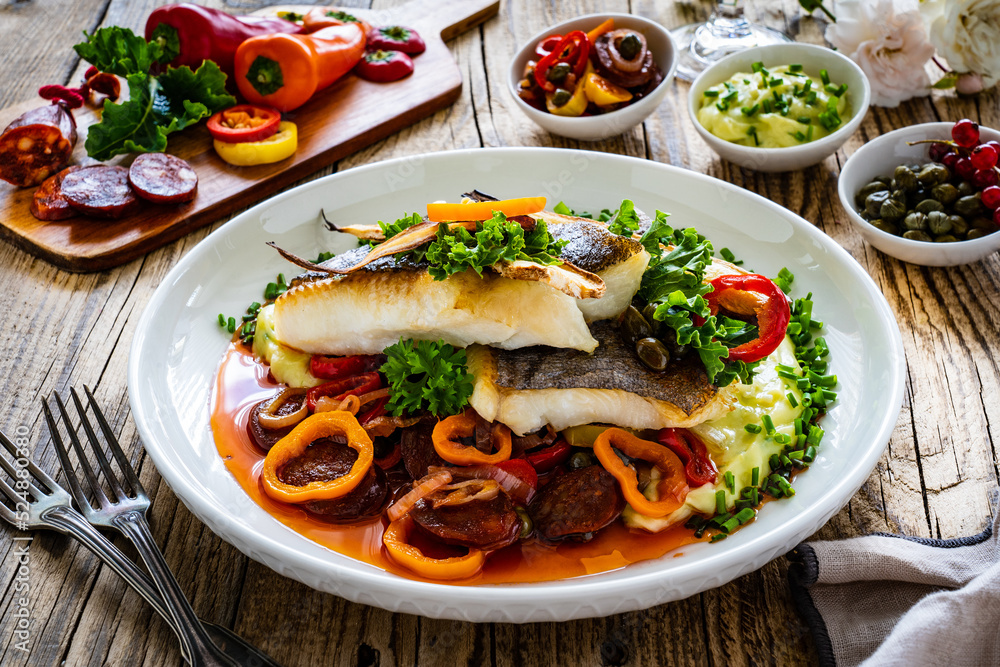 Fish dish - fried halibut with potato puree, fried pepper and chorizo on wooden table
Fish dish - fried halibut with potato puree, fried pepper and chorizo on wooden table