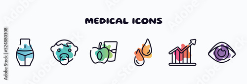 medical icons outline icons set. thin line icons such as female hips and waist, baby face, diet for health, sweat or tear drop, increasing bargraph, human eye shape icon collection. can be used web