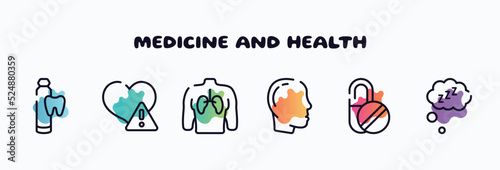 medicine and health outline icons set. thin line icons such as toothpaste tube, disease, human with focus on the lungs, male with bald hair side view, capsule, zzz sleep icon collection. can be used