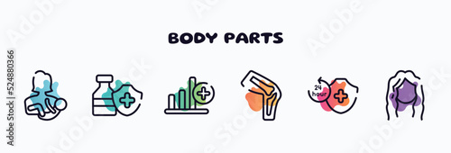 body parts outline icons set. thin line icons such as mother with baby in arms, immunity drugs, bar graph with a cross, kneecap, 24 hours medical assistance, long wavy hair icon collection. can be