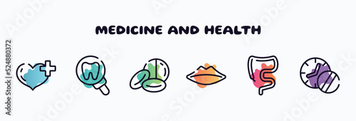 medicine and health outline icons set. thin line icons such as heart with a plus, tooth zoom, drugs capsules and pills, , large intestine, medicines time icon collection. can be used web and