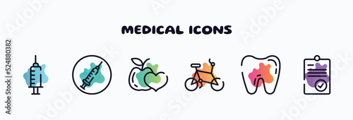 medical icons outline icons set. thin line icons such as anesthesia dentist injection diagonal, drug abuse, healthy food for heart health care, bicycle healthy transport, tooth, positive verified