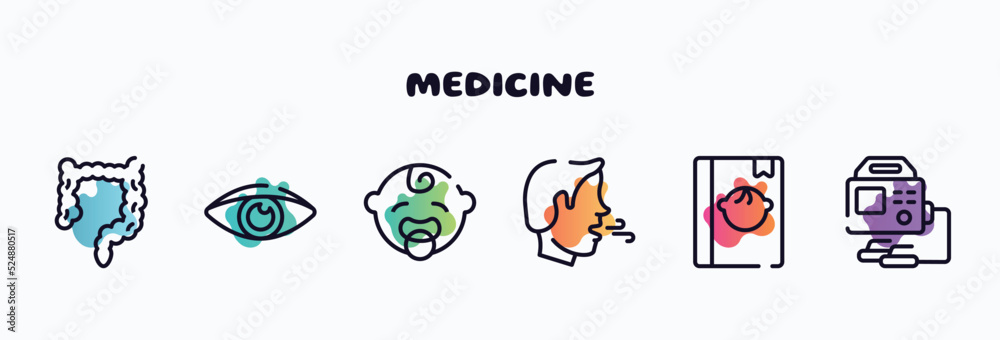 medicine outline icons set. thin line icons such as intestine, eyesight, baby boy, breath, baby book, defibrillator icon collection. can be used web and mobile.