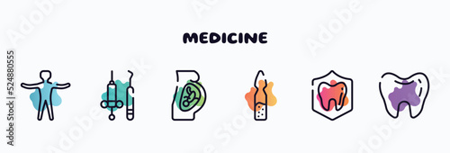 medicine outline icons set. thin line icons such as standing human body, dentist tools, fetus, ampoul, dental insurance, teeth black shape icon collection. can be used web and mobile.