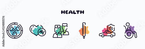 health outline icons set. thin line icons such as radioactive danger, heart beats, two nurses, thermometer reading temperature, car insurance, wheelchair accesibility icon collection. can be used
