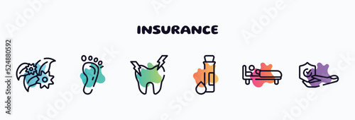insurance outline icons set. thin line icons such as flower therapy, human footprints, hypersensitive, test tube and drop, man in bed, travel insurance icon collection. can be used web and mobile.