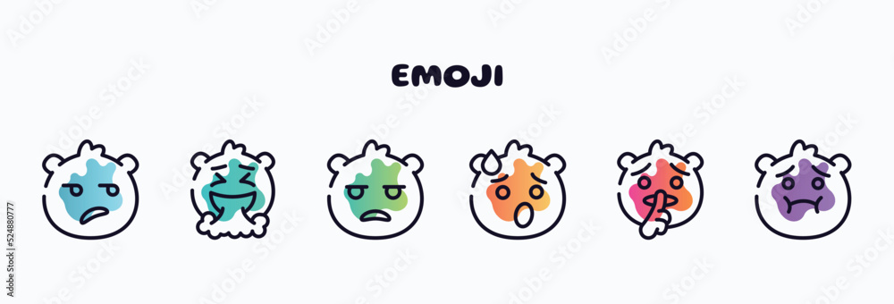 emoji outline icons set. thin line icons such as disappointed emoji, vomit emoji, bored exhausted shushing nauseated icon collection. can be used web and mobile.