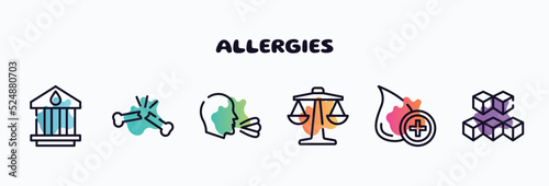 allergies outline icons set. thin line icons such as blood bank, broken bone, sneeze, weigh scale, donor, sugar cube icon collection. can be used web and mobile.