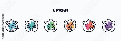 emoji outline icons set. thin line icons such as liar emoji, dizzy emoji, crying quiet sleep excited icon collection. can be used web and mobile.