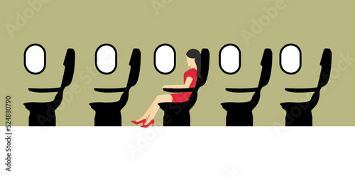 A woman wearing a red dress traveling by plane in economy class.