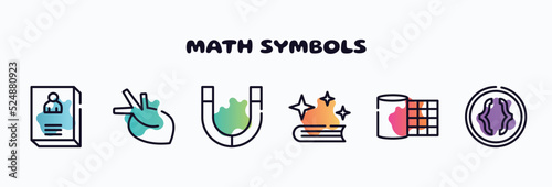 math symbols outline icons set. thin line icons such as biography, organ, magnets, spell, gauze, parentheses icon collection. can be used web and mobile.