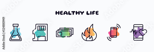healthy life outline icons set. thin line icons such as erlenmeyer, sd, microscope slides, flammable, shake, medical app icon collection. can be used web and mobile.