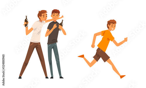 Walking people set. Men performing various activities outdoors cartoon vector illustratio