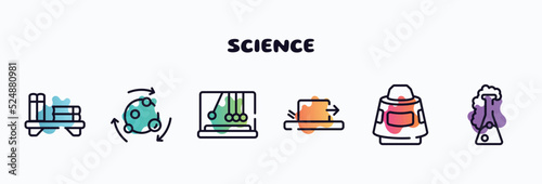 science outline icons set. thin line icons such as bookshelf, metabolism, newtons cradle, friction, space capsule, chemicals icon collection. can be used web and mobile.