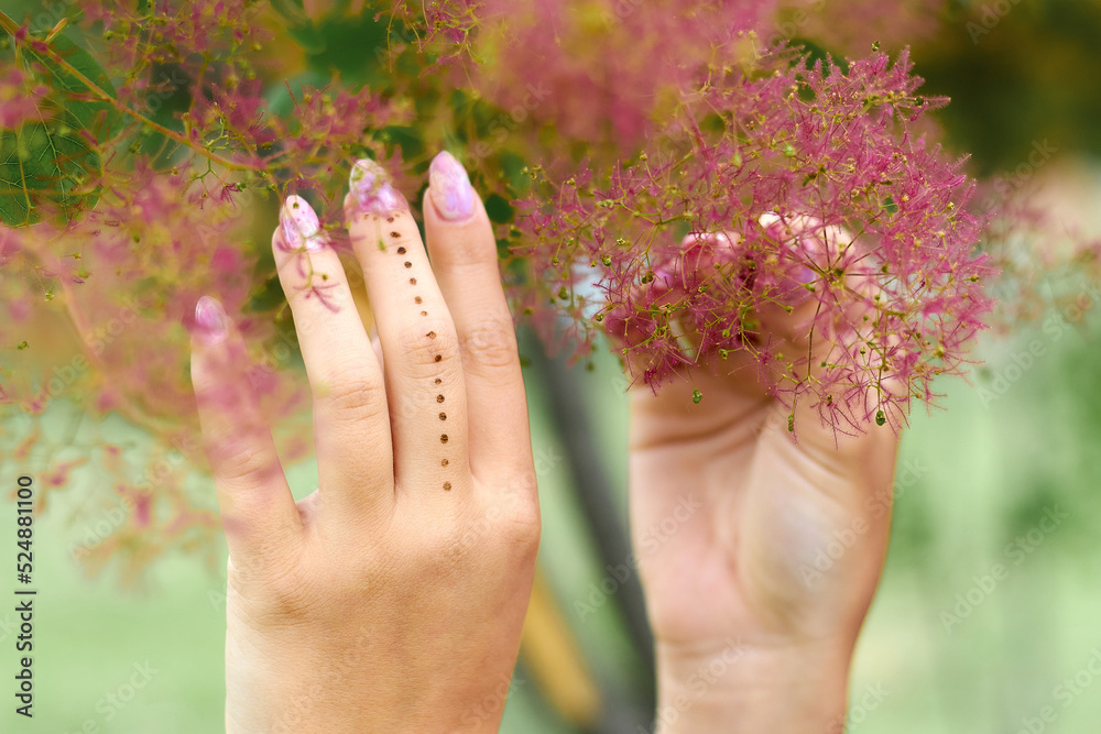 Fototapeta premium Female hands raised up in front of flowering tree, selective focus
