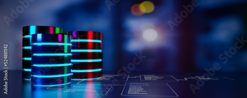 Panoramic view of multiple database is placed on Relational database tables with server room  background. Concept of database server, SQL, data storage, Data center, Webhosting. 3D illustration. photo