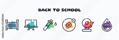 back to school outline icons set. thin line icons such as crib, chalkboard, blood test, electron, school bell, h2o icon collection. can be used web and mobile.