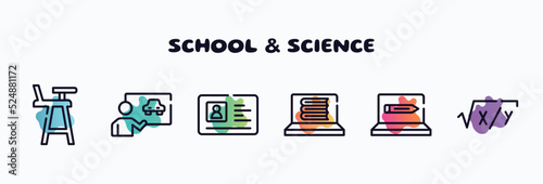 school & science outline icons set. thin line icons such as highchair, driving lessons, driving license, e-learning, on, equation icon collection. can be used web and mobile.