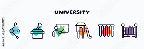 university outline icons set. thin line icons such as molecules, sandbox, educator, children park, tubes, cradle icon collection. can be used web and mobile.