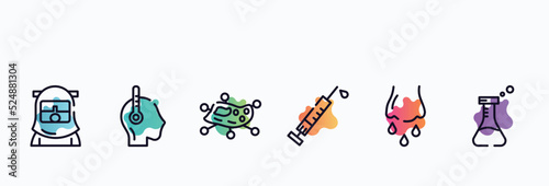 outline icons set. thin line icons such as safety suit, fever, infection, vaccine, runny e, flask icon collection. can be used web and mobile.