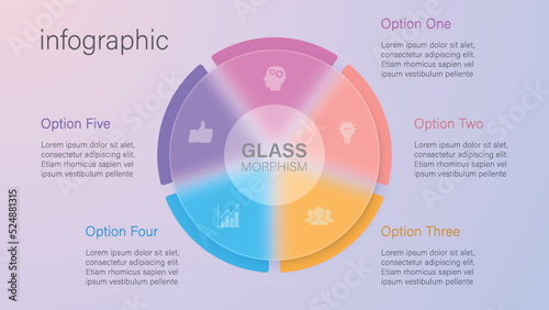 Infographic for 5 options, vector gradient design with realistic frosted glass, glassmorphism effect