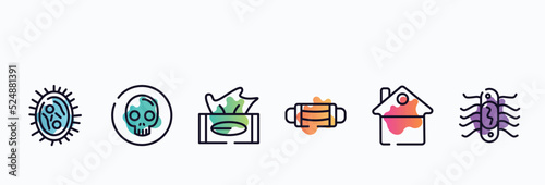 outline icons set. thin line icons such as bacterias, death, tissue, sterile mask, stay at home, e coli icon collection. can be used web and mobile.