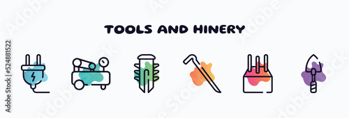 tools and hinery outline icons set. thin line icons such as electrical plug, air compressor, dyupel, crowbar, concrete, garden trowel icon collection. can be used web and mobile. photo