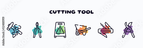 cutting tool outline icons set. thin line icons such as construction tools, big pliers, wet floor, wheelbarrow full, jackknife, pruning shears icon collection. can be used web and mobile.
