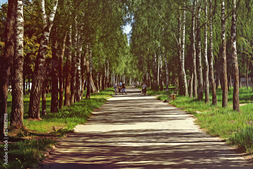 Birch alley. City road. Trees on both sides of the road. People in the distance. Bench. Picture from a photo