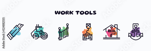work tools outline icons set. thin line icons such as paper cutter, roller hine of construction, stairs side view, crane holding construction panel, painting home, anchor navigational tool icon