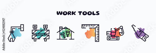 work tools outline icons set. thin line icons such as derrick with tong, barrier construction limit tool, home repair, angle ruler, digger, band saw icon collection. can be used web and mobile.