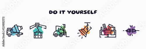 do it yourself outline icons set. thin line icons such as cement truck, derrick with load, null, light spot, toolbox, plug for electric connection icon collection. can be used web and mobile.